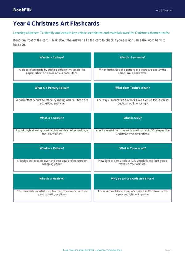 Free Christmas Art Flashcards | Year 4 Supported | BookFlik worksheet preview — Art Christmas Art