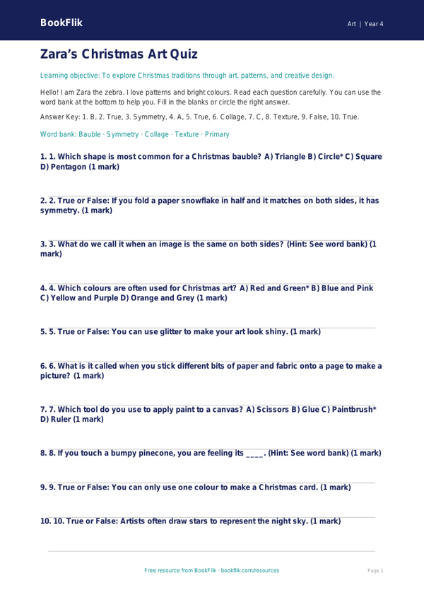 Free Christmas Art Quiz | Year 4 Supported | BookFlik worksheet preview — Art Christmas Art
