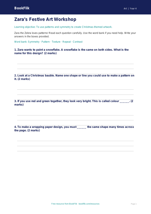 Free Christmas Art Worksheet | Year 4 Supported | BookFlik worksheet preview — Art Christmas Art
