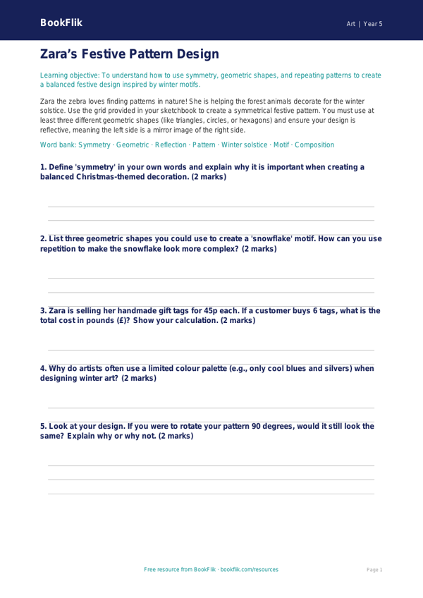 Free Christmas Art Activity Sheet | Year 5 Core | BookFlik worksheet preview — Art Christmas Art