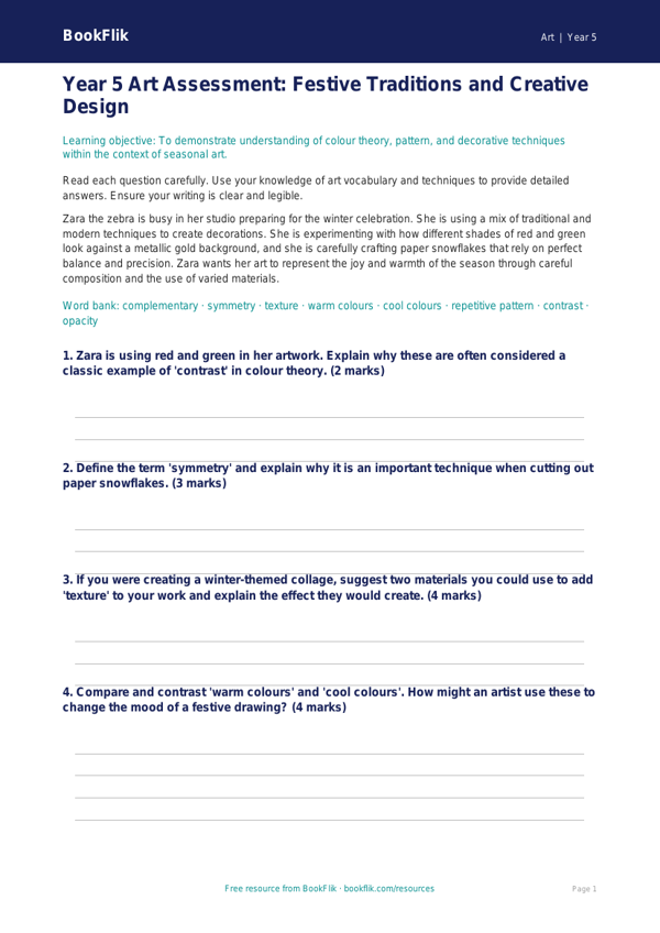 Free Christmas Art Assessment | Year 5 Core | BookFlik worksheet preview — Art Christmas Art