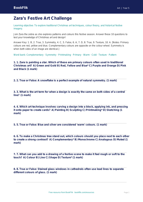 Free Christmas Art Quiz | Year 5 Core | BookFlik worksheet preview — Art Christmas Art