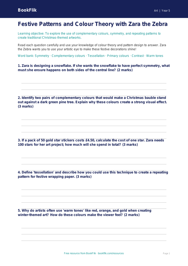 Free Christmas Art Worksheet | Year 5 Core | BookFlik worksheet preview — Art Christmas Art