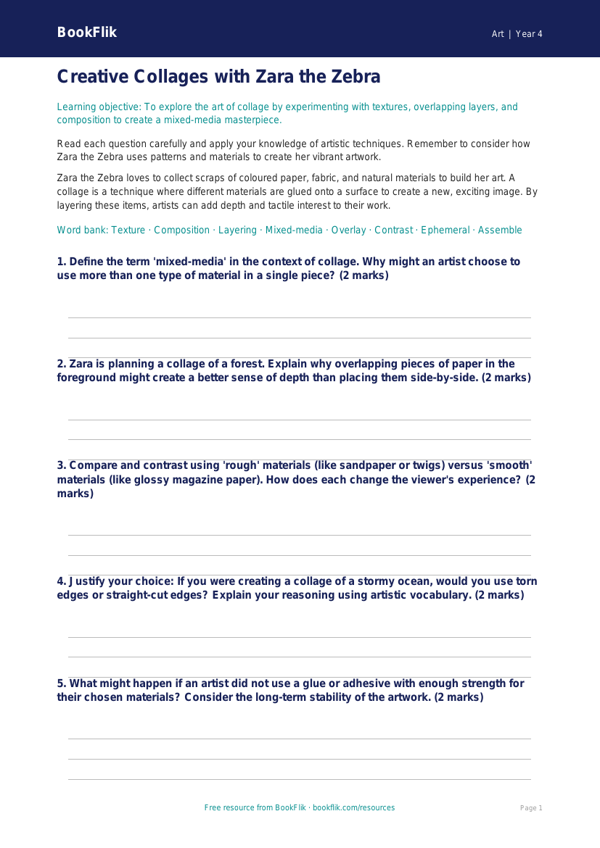 Free Collage Worksheet | Year 4 Greater Depth | BookFlik worksheet preview — Art Collage