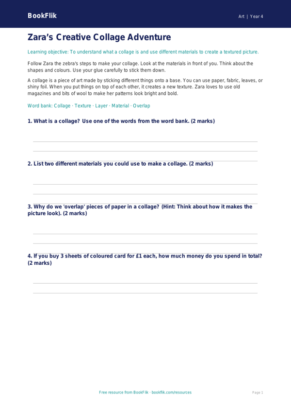 Free Collage Worksheet | Year 4 Supported | BookFlik worksheet preview — Art Collage