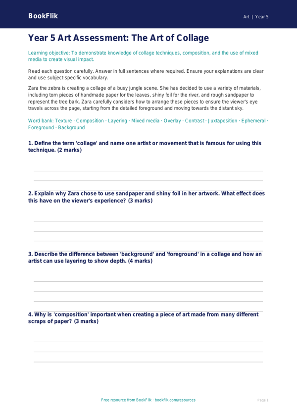 Free Collage Assessment | Year 5 Core | BookFlik worksheet preview β Art Collage