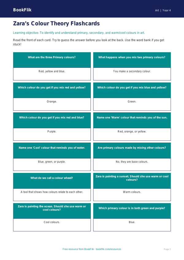 Free Colour Theory Flashcards | Year 4 Supported | BookFlik worksheet preview — Art Colour Theory