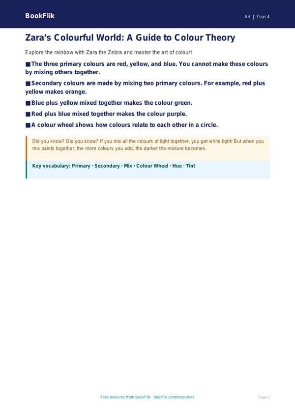 Free Colour Theory Poster | Year 4 Supported | BookFlik worksheet preview — Art Colour Theory