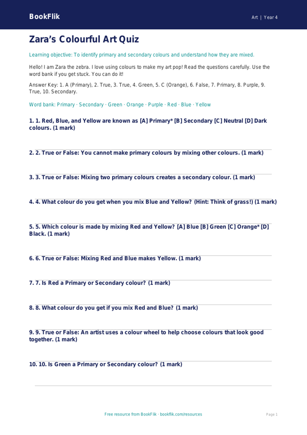 Free Colour Theory Quiz | Year 4 Supported | BookFlik worksheet preview — Art Colour Theory