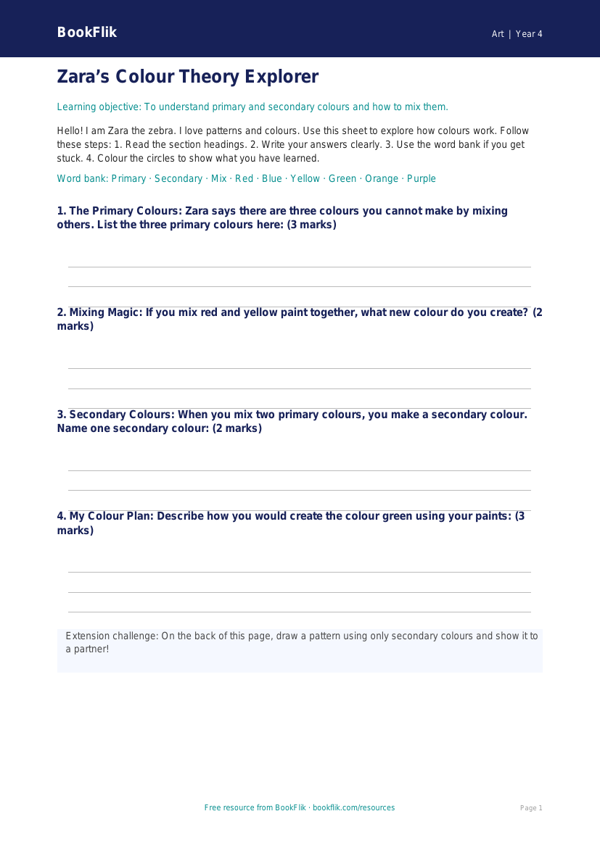 Free Colour Theory Template | Year 4 Supported | BookFlik worksheet preview — Art Colour Theory