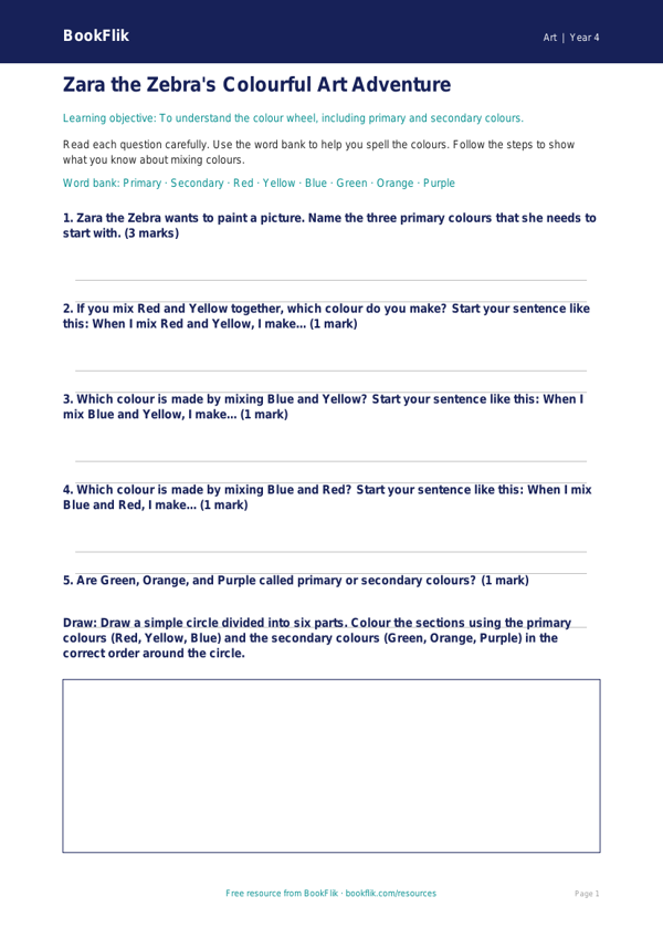 Free Colour Theory Worksheet | Year 4 Supported | BookFlik worksheet preview — Art Colour Theory