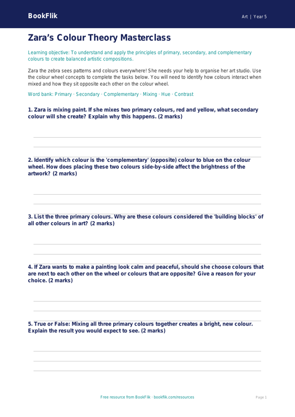 Free Colour Theory Activity Sheet | Year 5 Core | BookFlik worksheet preview — Art Colour Theory