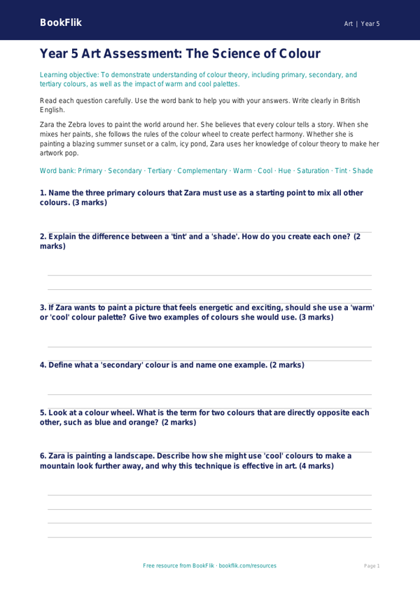 Free Colour Theory Assessment | Year 5 Core | BookFlik worksheet preview — Art Colour Theory