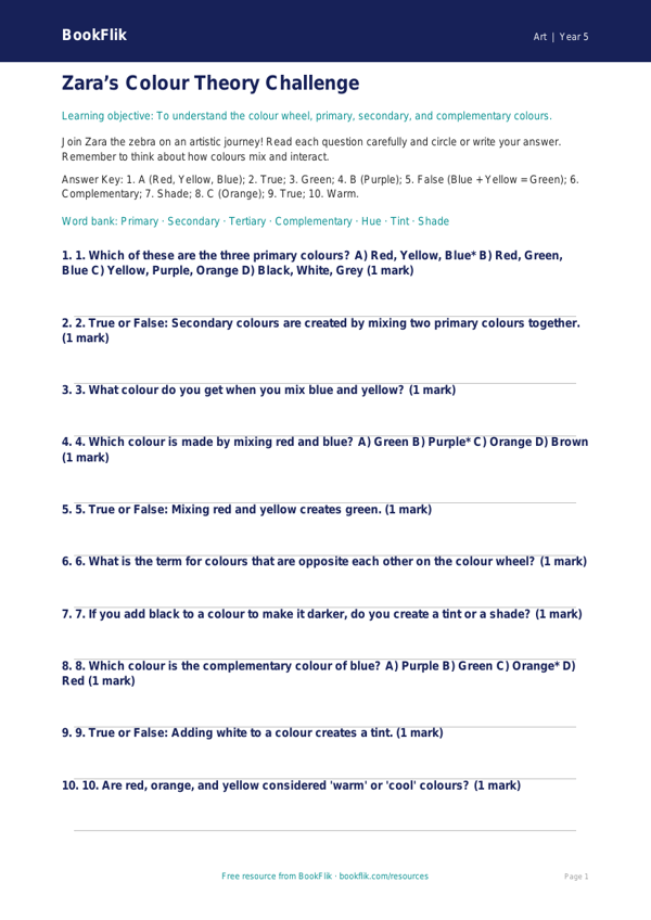 Free Colour Theory Quiz | Year 5 Core | BookFlik worksheet preview — Art Colour Theory