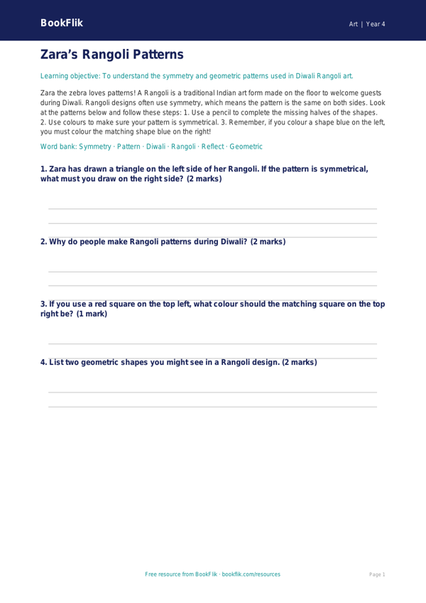 Free Diwali Rangoli Activity Sheet | Year 4 Supported | BookFlik worksheet preview — Art Diwali Rangoli
