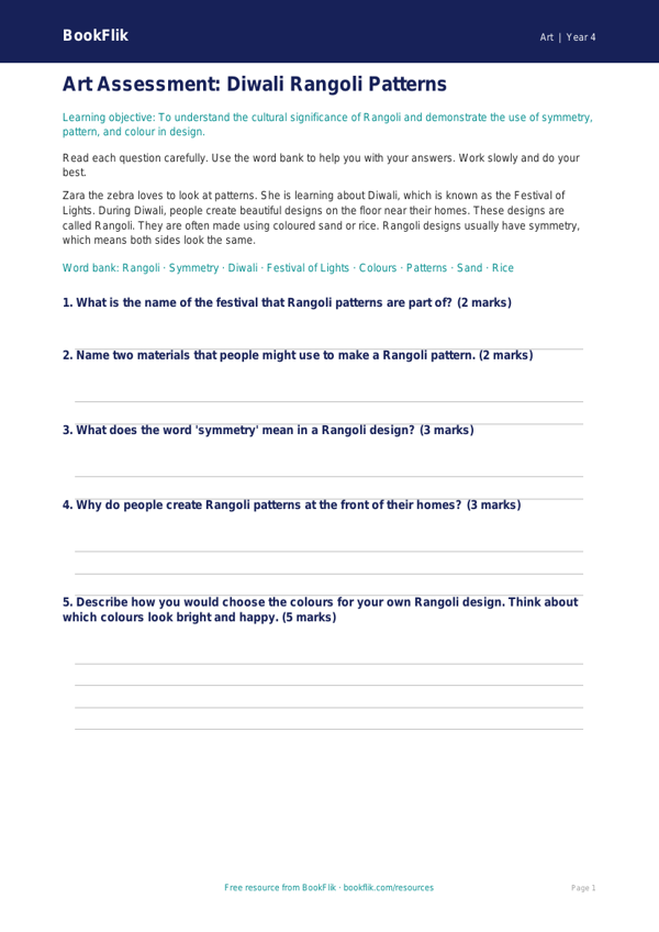 Free Diwali Rangoli Assessment | Year 4 Supported | BookFlik worksheet preview — Art Diwali Rangoli
