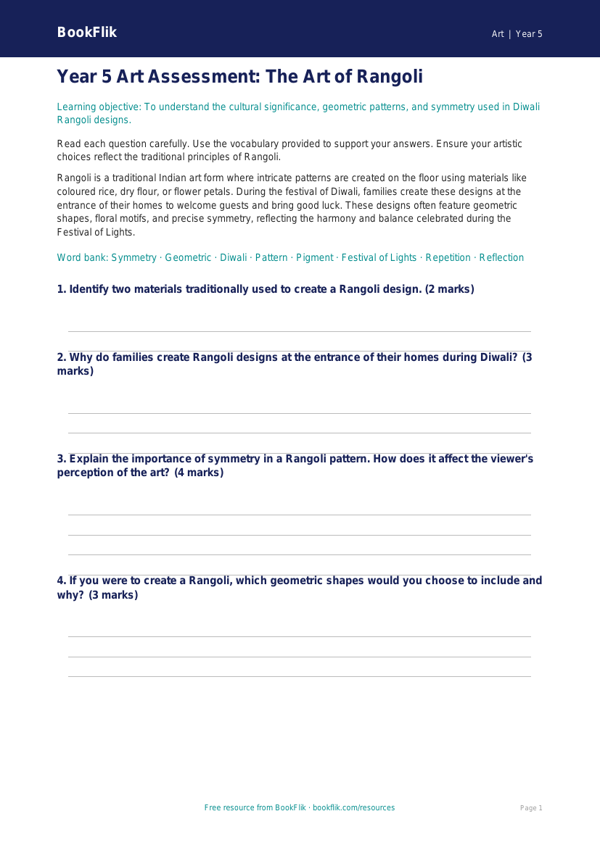 Free Diwali Rangoli Assessment | Year 5 Core | BookFlik worksheet preview — Art Diwali Rangoli