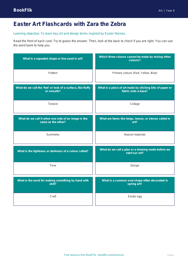 Free Easter Art Flashcards | Year 4 Supported | BookFlik worksheet preview — Art Easter Art