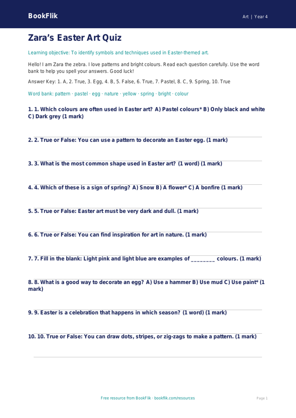 Free Easter Art Quiz | Year 4 Supported | BookFlik worksheet preview — Art Easter Art