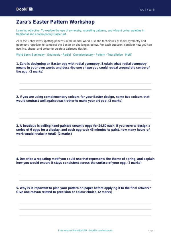 Free Easter Art Activity Sheet | Year 5 Core | BookFlik worksheet preview — Art Easter Art