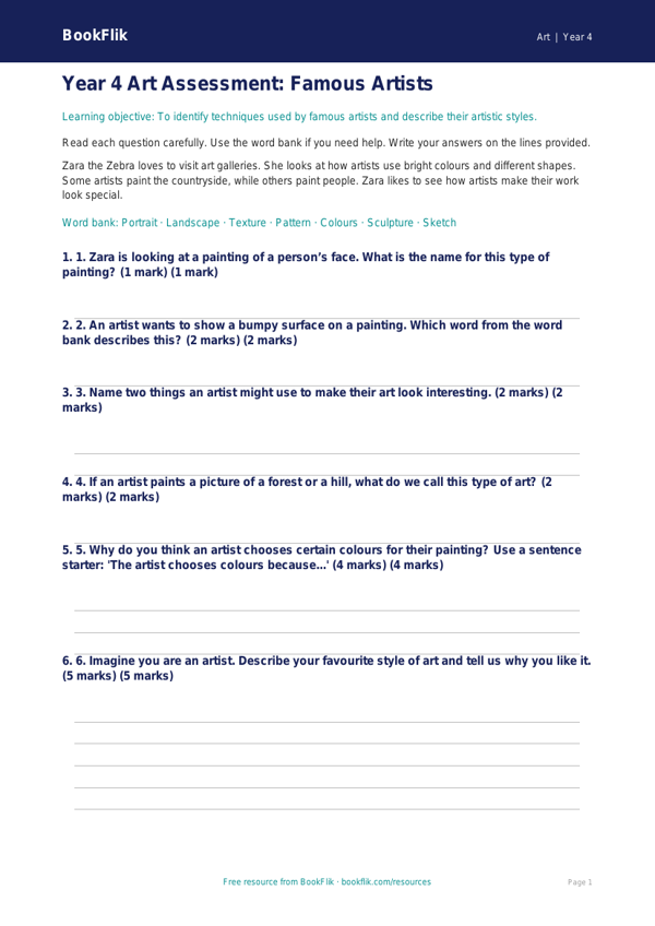 Free Famous Artists Assessment | Year 4 Supported | BookFlik worksheet preview — Art Famous Artists