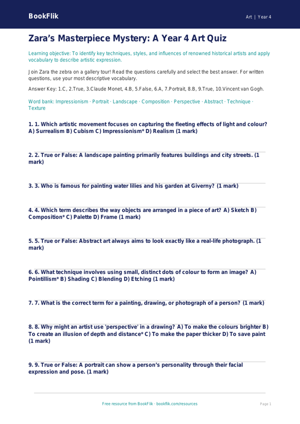 Free Famous Artists Quiz | Year 4 Greater Depth | BookFlik worksheet preview — Art Famous Artists
