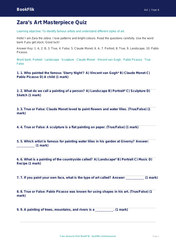 Free Famous Artists Quiz | Year 4 Supported | BookFlik worksheet preview — Art Famous Artists