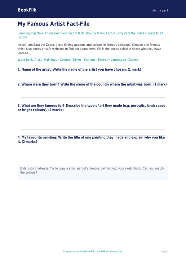 Free Famous Artists Template | Year 4 Supported | BookFlik worksheet preview — Art Famous Artists