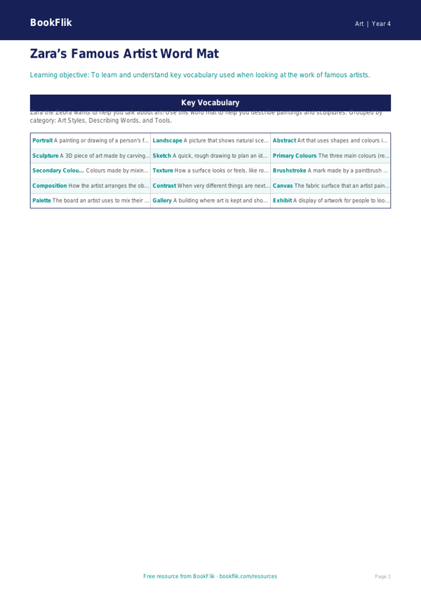 Free Famous Artists Word Mat | Year 4 Supported | BookFlik worksheet preview — Art Famous Artists