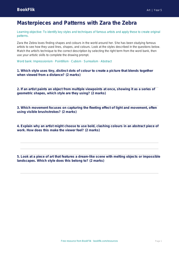 Free Famous Artists Activity Sheet | Year 5 Core | BookFlik worksheet preview — Art Famous Artists