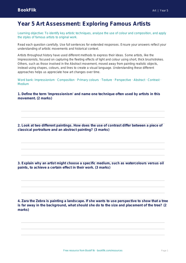 Free Famous Artists Assessment | Year 5 Core | BookFlik worksheet preview — Art Famous Artists