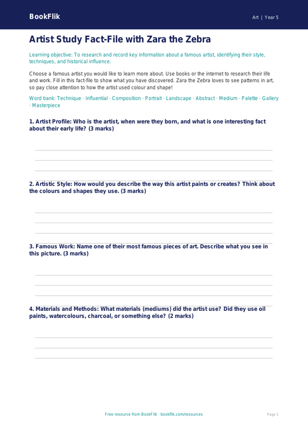 Free Famous Artists Worksheet | Year 5 Art Lesson | BookFlik worksheet preview — Art Famous Artists