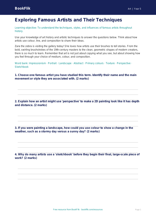 Free Famous Artists Worksheet | Year 5 Core | BookFlik worksheet preview — Art Famous Artists