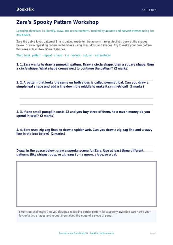 Free Halloween Art Activity Sheet | Year 4 Supported | BookFlik worksheet preview — Art Halloween Art