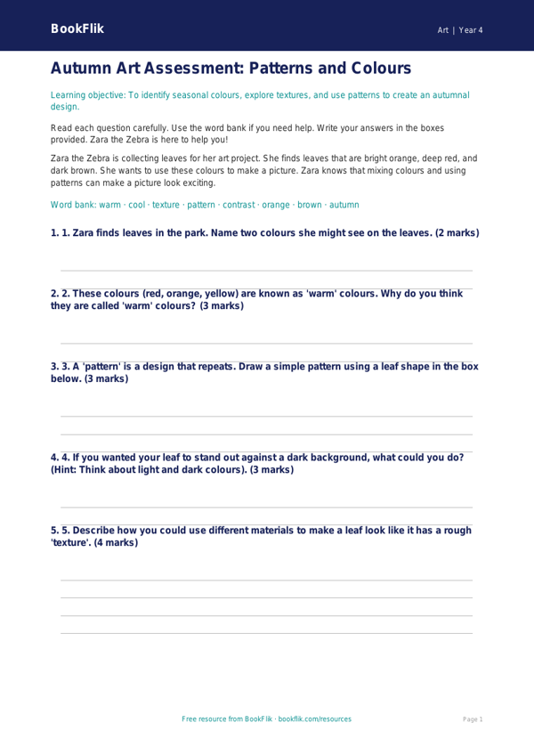 Free Halloween Art Assessment | Year 4 Supported | BookFlik worksheet preview — Art Halloween Art