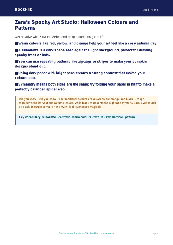 Free Halloween Art Poster | Year 4 Supported | BookFlik worksheet preview — Art Halloween Art