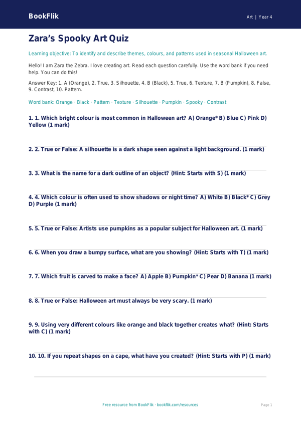 Free Halloween Art Quiz | Year 4 Supported | BookFlik worksheet preview — Art Halloween Art