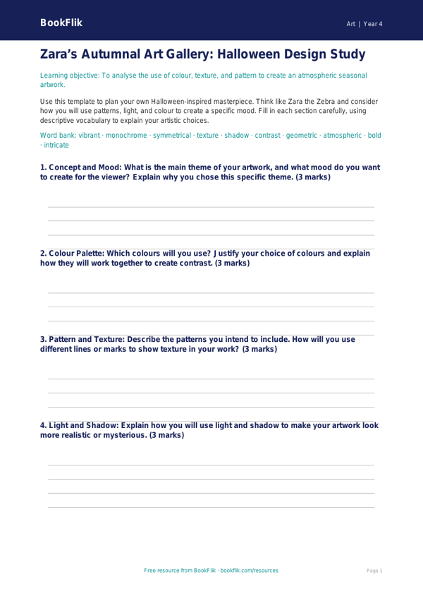Free Halloween Art Template | Year 4 Greater Depth | BookFlik worksheet preview — Art Halloween Art