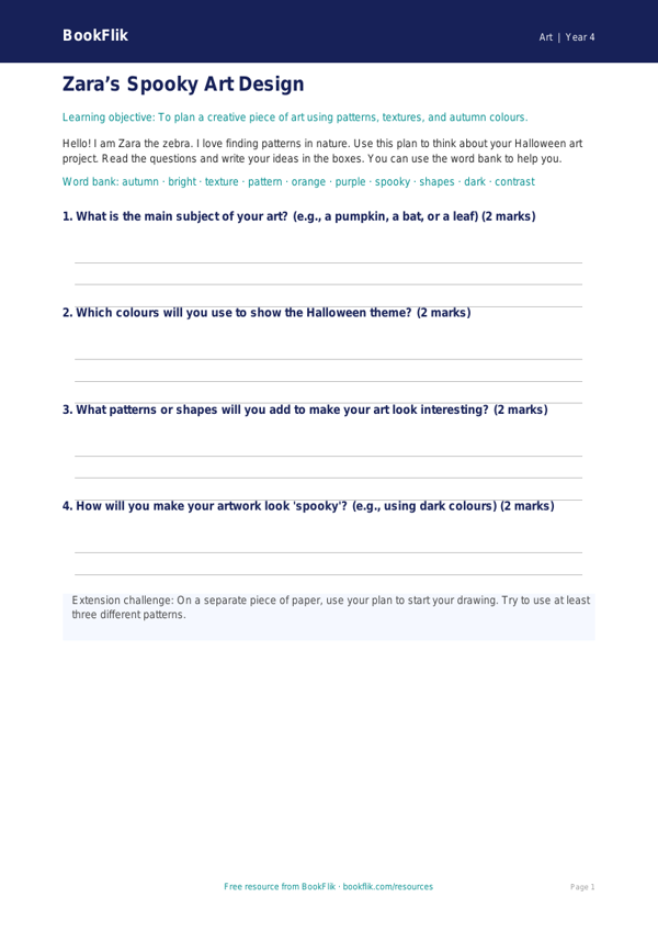 Free Halloween Art Template | Year 4 Supported | BookFlik worksheet preview — Art Halloween Art
