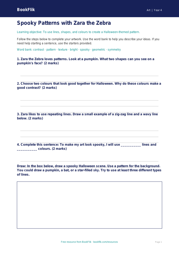 Free Halloween Art Worksheet | Year 4 Supported | BookFlik worksheet preview — Art Halloween Art