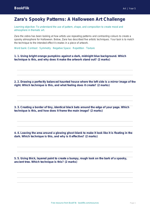 Free Halloween Art Activity Sheet | Year 5 Core | BookFlik worksheet preview — Art Halloween Art
