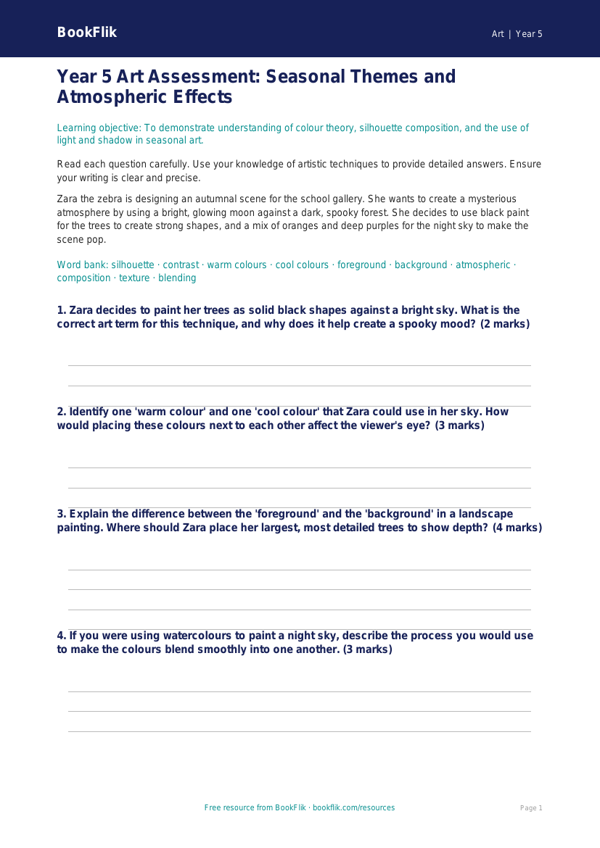 Free Halloween Art Assessment | Year 5 Core | BookFlik worksheet preview — Art Halloween Art