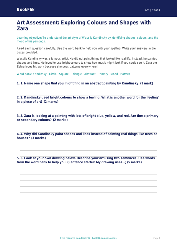 Free Kandinsky Assessment | Year 4 Supported | BookFlik worksheet preview — Art Kandinsky