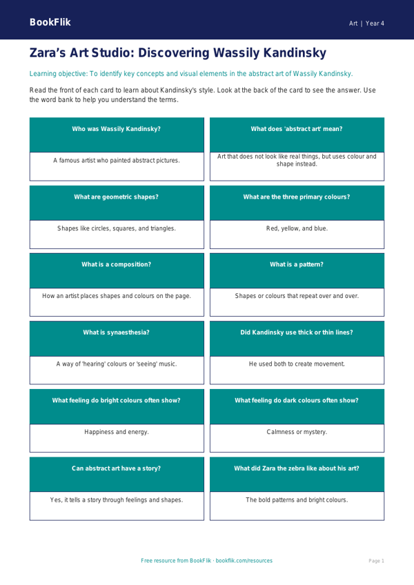 Free Kandinsky Flashcards | Year 4 Supported | BookFlik worksheet preview — Art Kandinsky