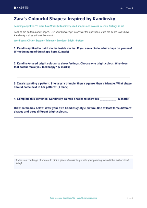 Free Kandinsky Worksheet | Year 4 Supported | BookFlik worksheet preview — Art Kandinsky
