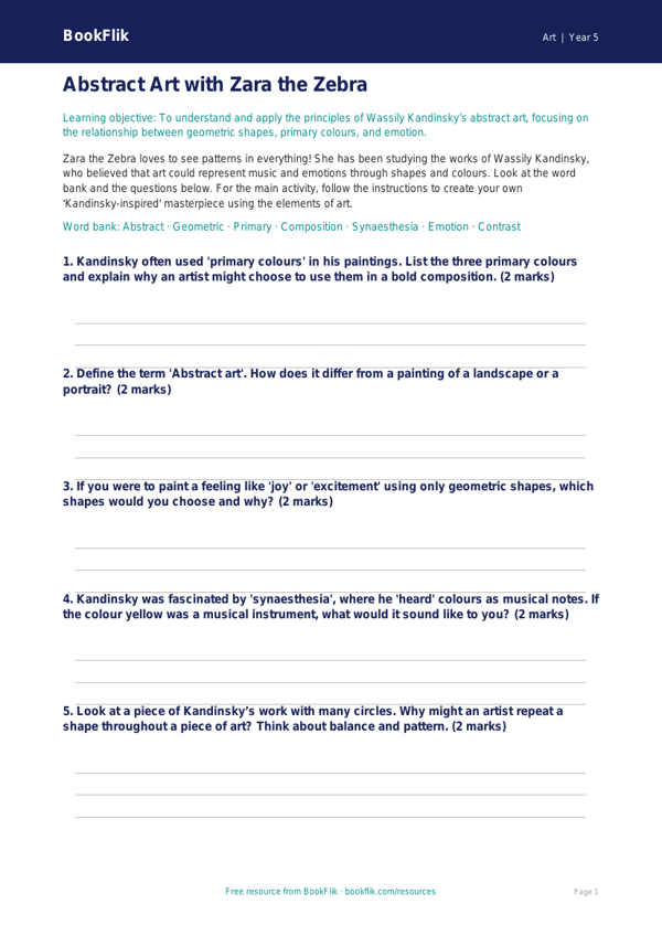 Free Kandinsky Activity Sheet | Year 5 Core | BookFlik worksheet preview — Art Kandinsky