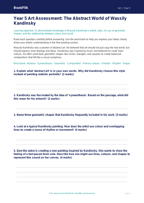 Free Kandinsky Assessment | Year 5 Core | BookFlik worksheet preview β Art Kandinsky