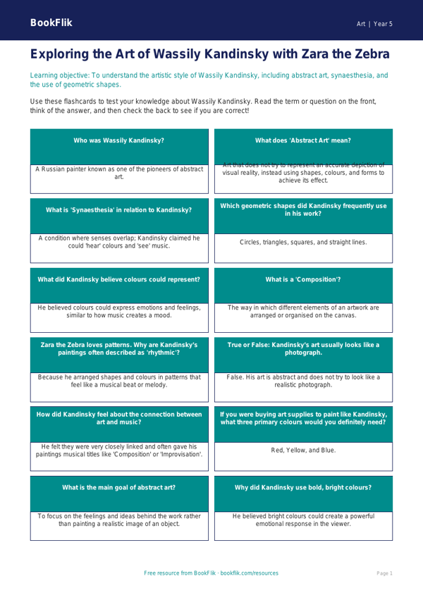 Free Kandinsky Flashcards | Year 5 Core | BookFlik worksheet preview — Art Kandinsky