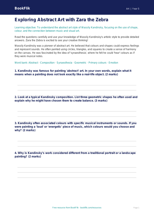Free Kandinsky Worksheet | Year 5 Art Lesson | BookFlik worksheet preview — Art Kandinsky