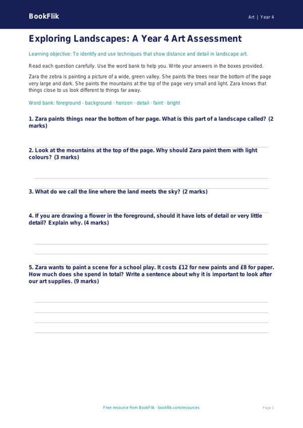 Free Landscapes Assessment | Year 4 Supported | BookFlik worksheet preview — Art Landscapes
